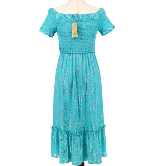 Michael Michael Kors Womens Turquoise Smocked Ruffled Drawstring Waist Dress S - Picture 8 of 10